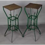 A lot consisting of (2) green lacquered wrought iron plant tables/piedestals, with brass top. Approx