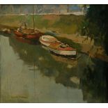 Joop Kropff (The Hague 1892 - 1979 Delft), A flat bottom and pleasure boats on a canal, signed (lowe