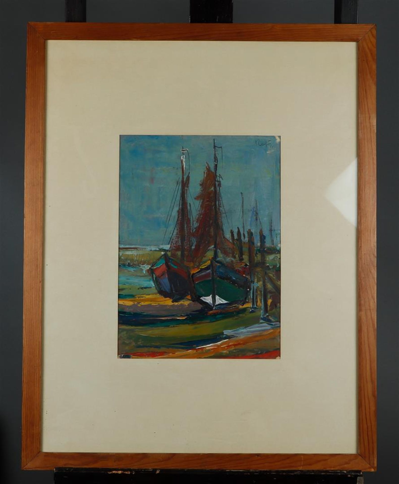 Belgian expressionist, ca. 1950 - 1960, Fishing ships in the harbor, signed "Reyniers" (top right),  - Image 2 of 3