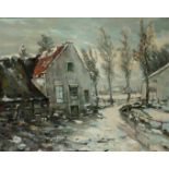 A village street in winter, signed (lower left), oil on canvas.