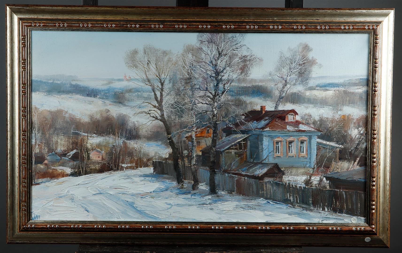 Eastern European School, A Datcha in a snowy landscape, signed (lower left), and signed and annotate - Image 2 of 4