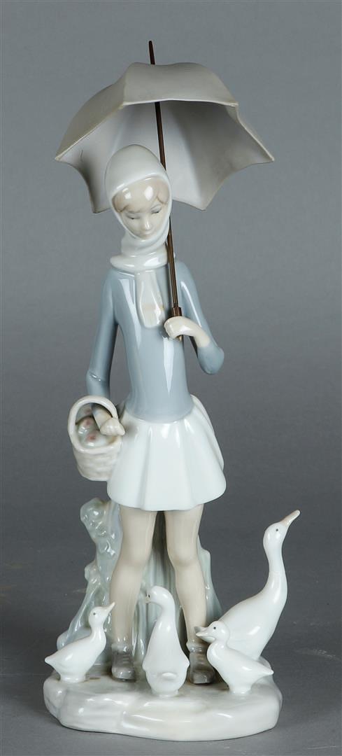 A porcelain figure in the shape of a lady with umbrella and geese, marked Lladro. Spain, 20th centur