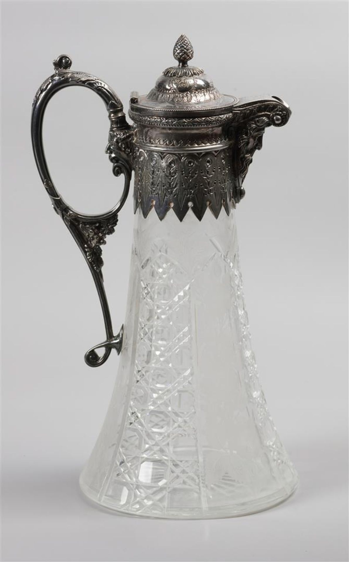 A cut and etched glass wine decanter with a silver Neo-Renaissance frame with a Wildman head on the  - Image 2 of 2