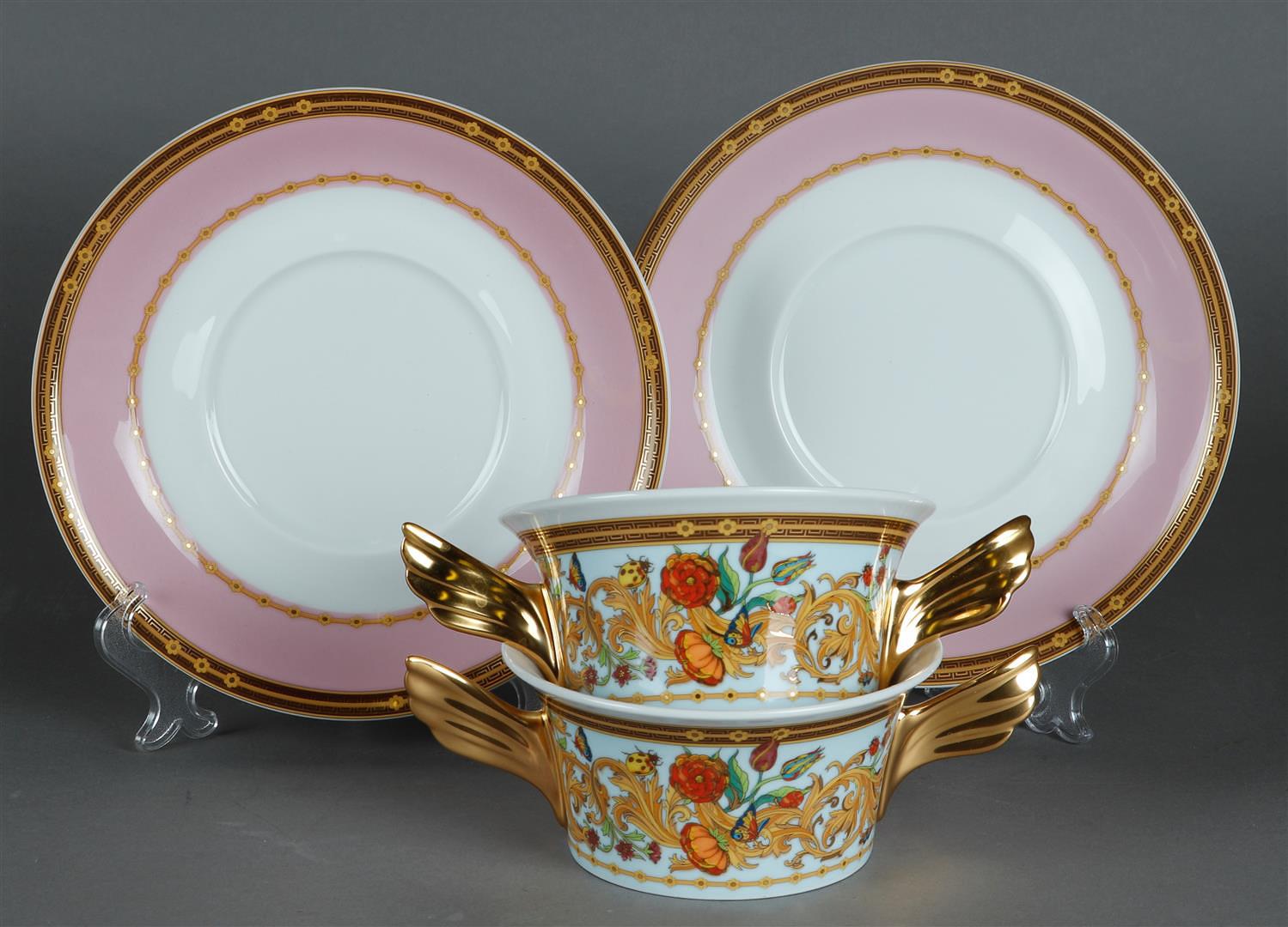 A set of two porcelain soup bowls with saucer with Le Jardin decor. Rosenthal, Versace, late 20th ce