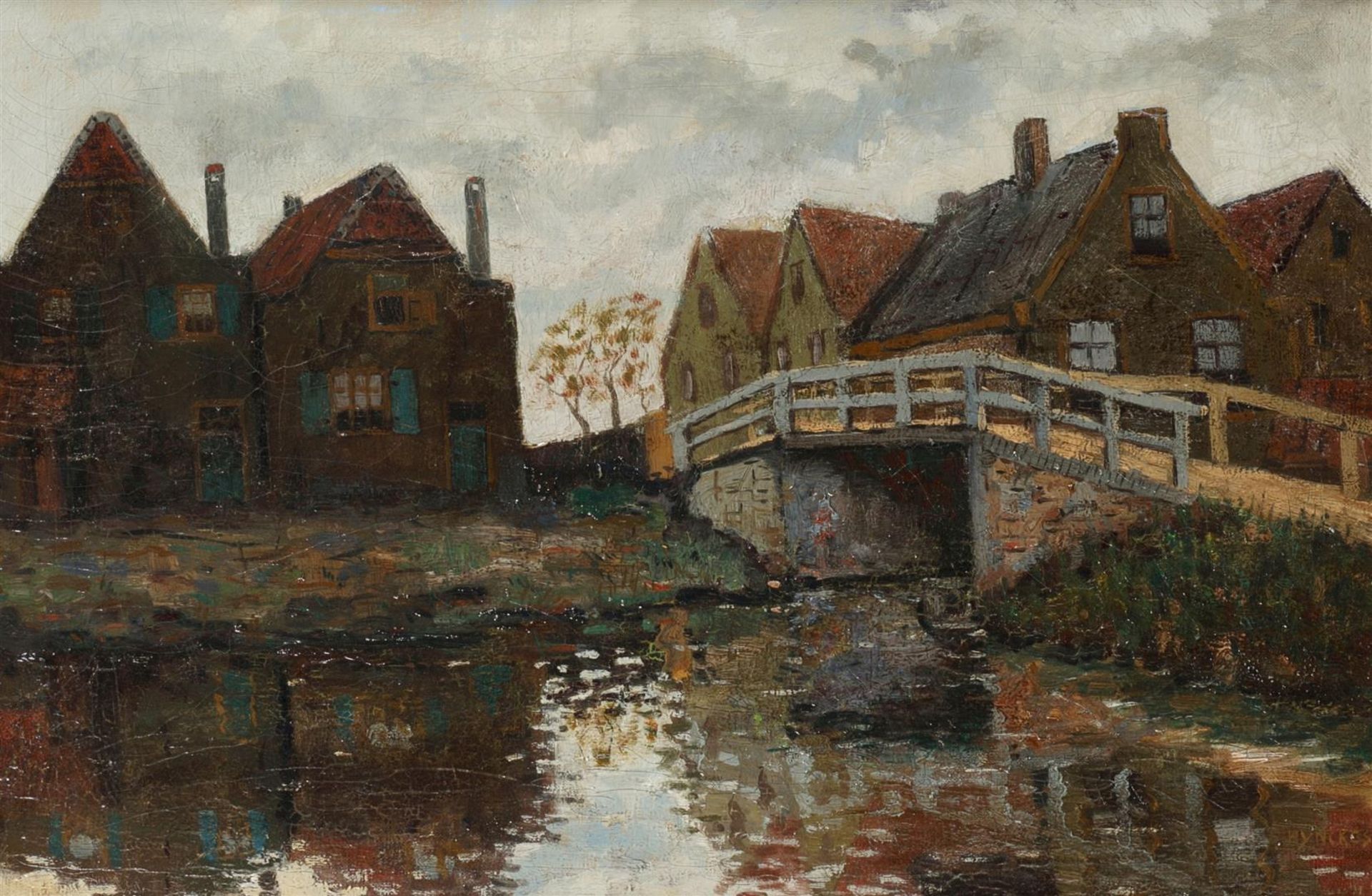 A village on the water, signed (lower left), oil on canvas.