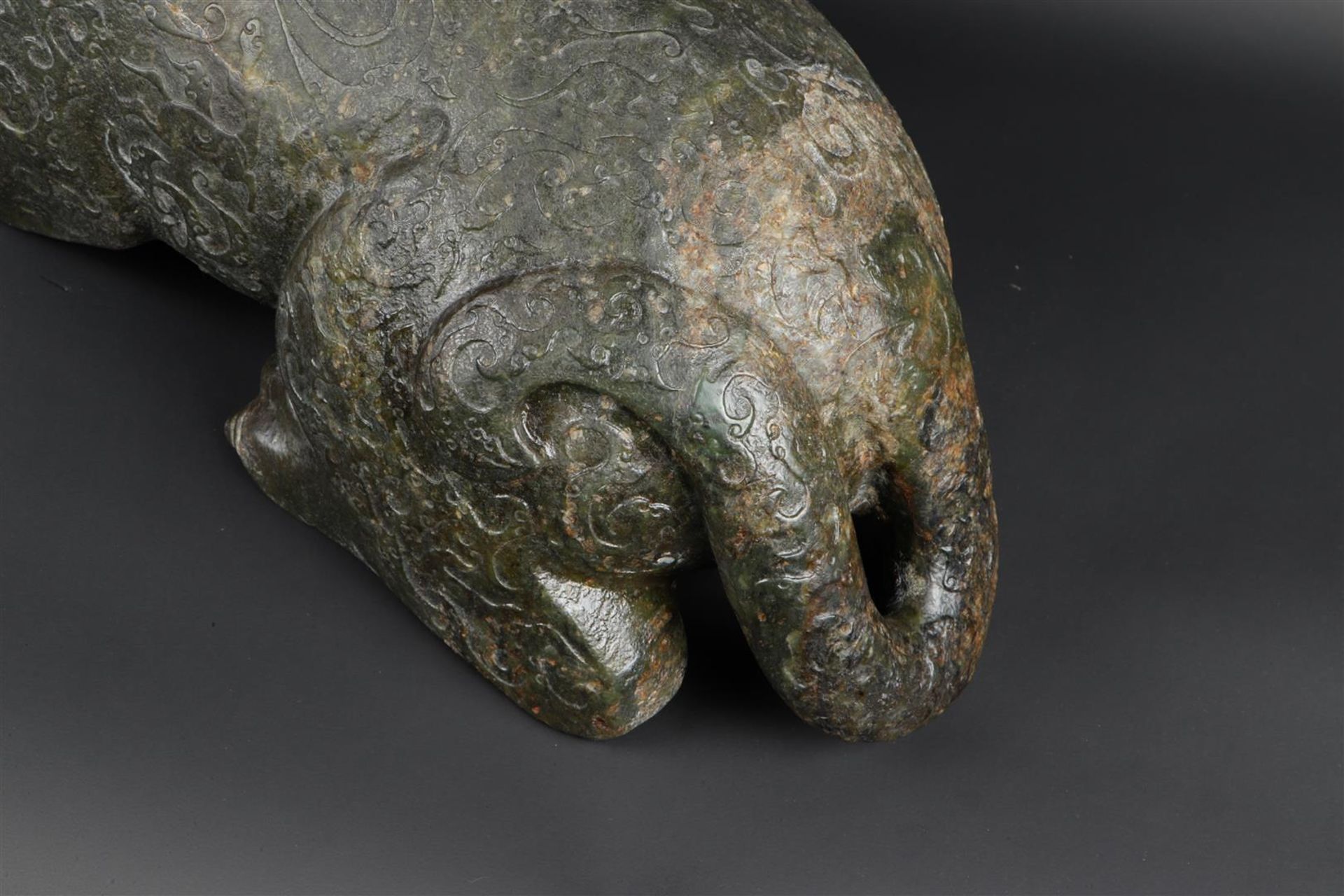 A "Spinach" jade sculpture of a fantasy lion. 20th century. Weight 34.5 kg. - Image 8 of 14