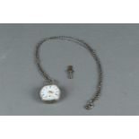 An engraved silver pocket watch with silver chain, incl. winding key.