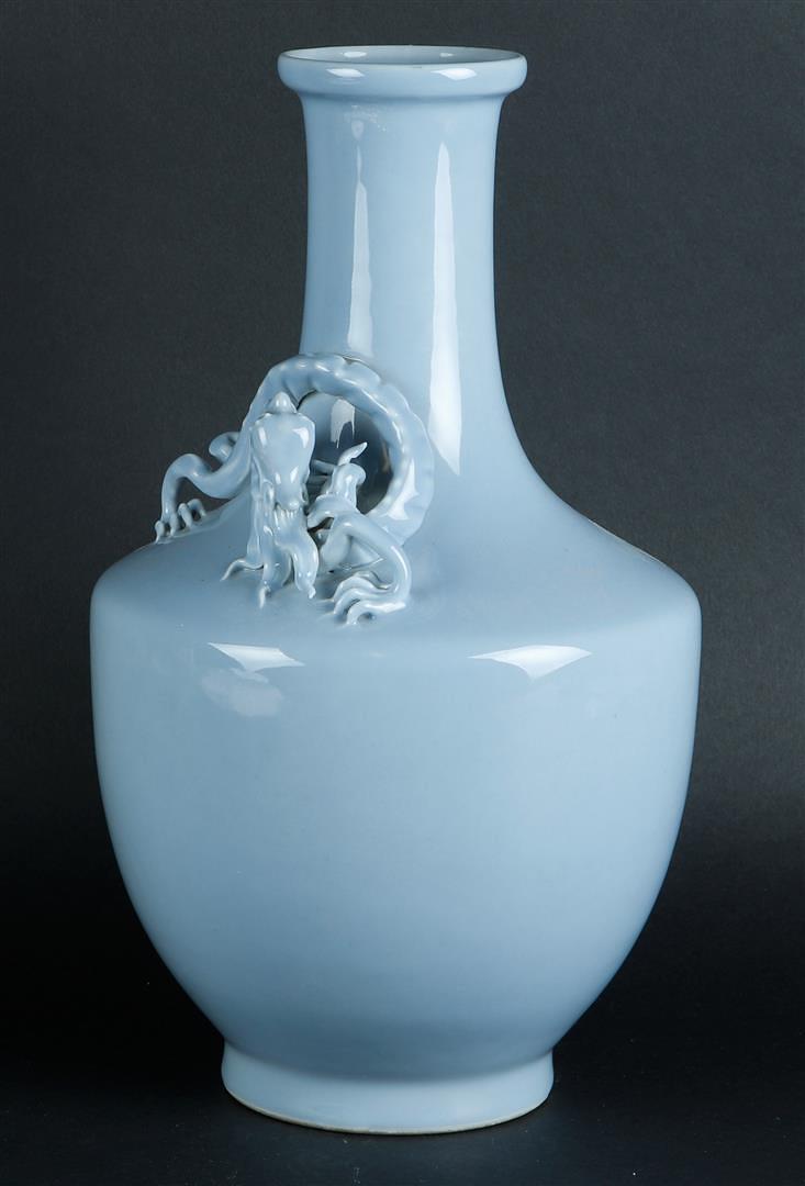 A large porcelain blue monochrome belly vase with an embossed dragon around the neck. With Yongzheng - Image 2 of 7