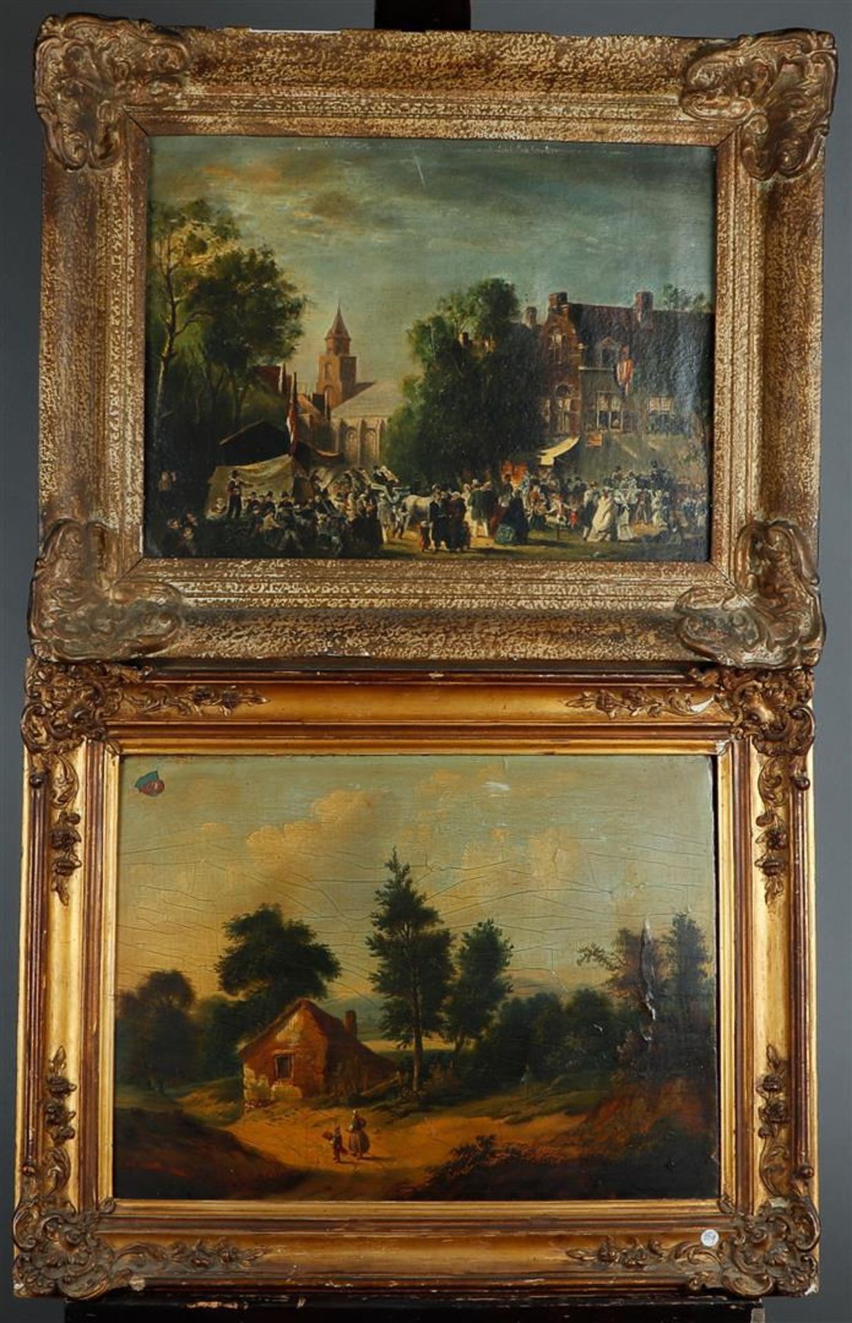 Two paintings depicting a busy city square and a painting from the romantic school depicting a woman