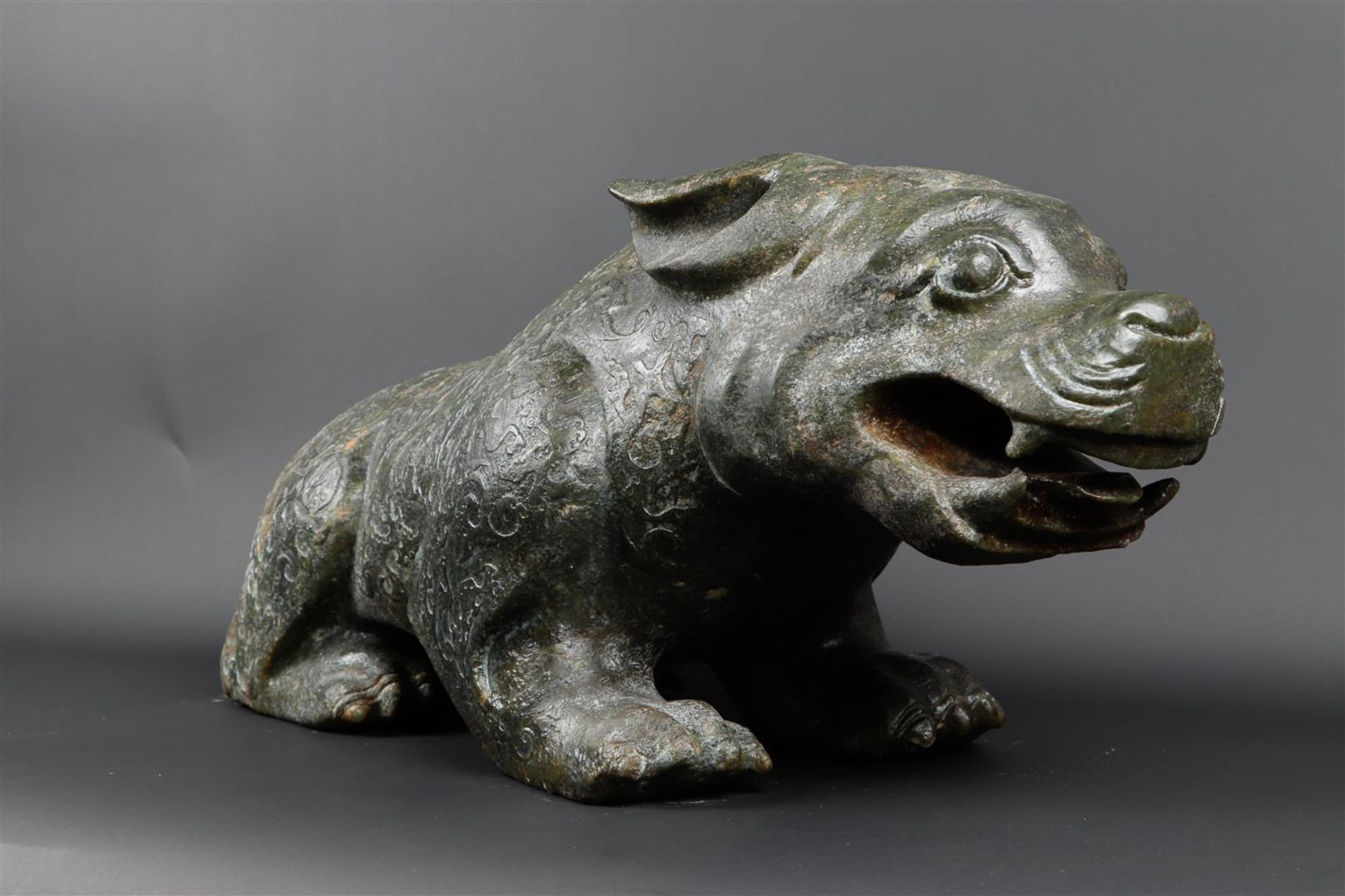 A "Spinach" jade sculpture of a fantasy lion. 20th century. Weight 34.5 kg. - Image 2 of 14