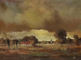 Piet Mees, 20th century. A village in a vast landscape, signed (lower right), oil on canvas.