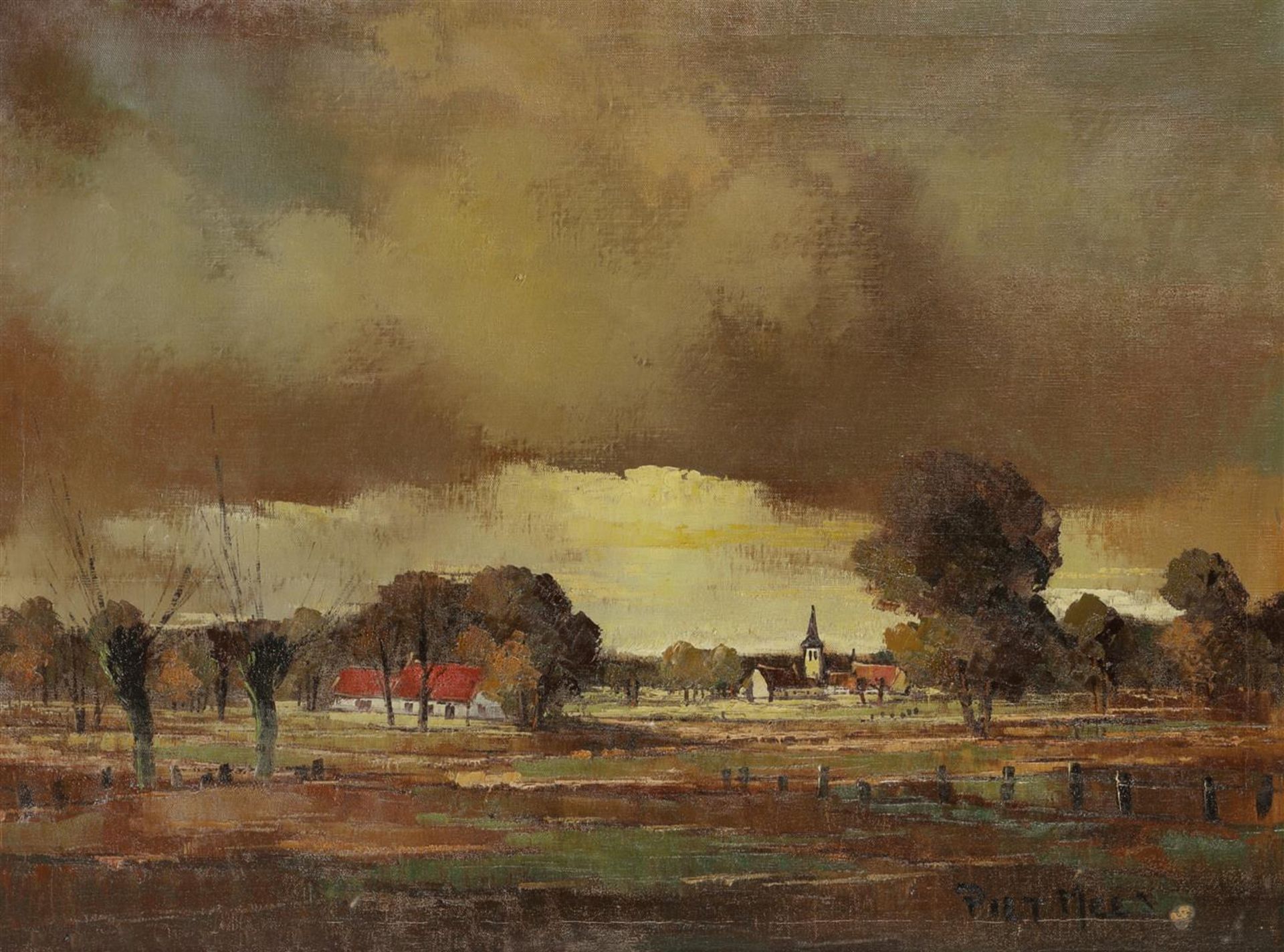 Piet Mees, 20th century. A village in a vast landscape, signed (lower right), oil on canvas.