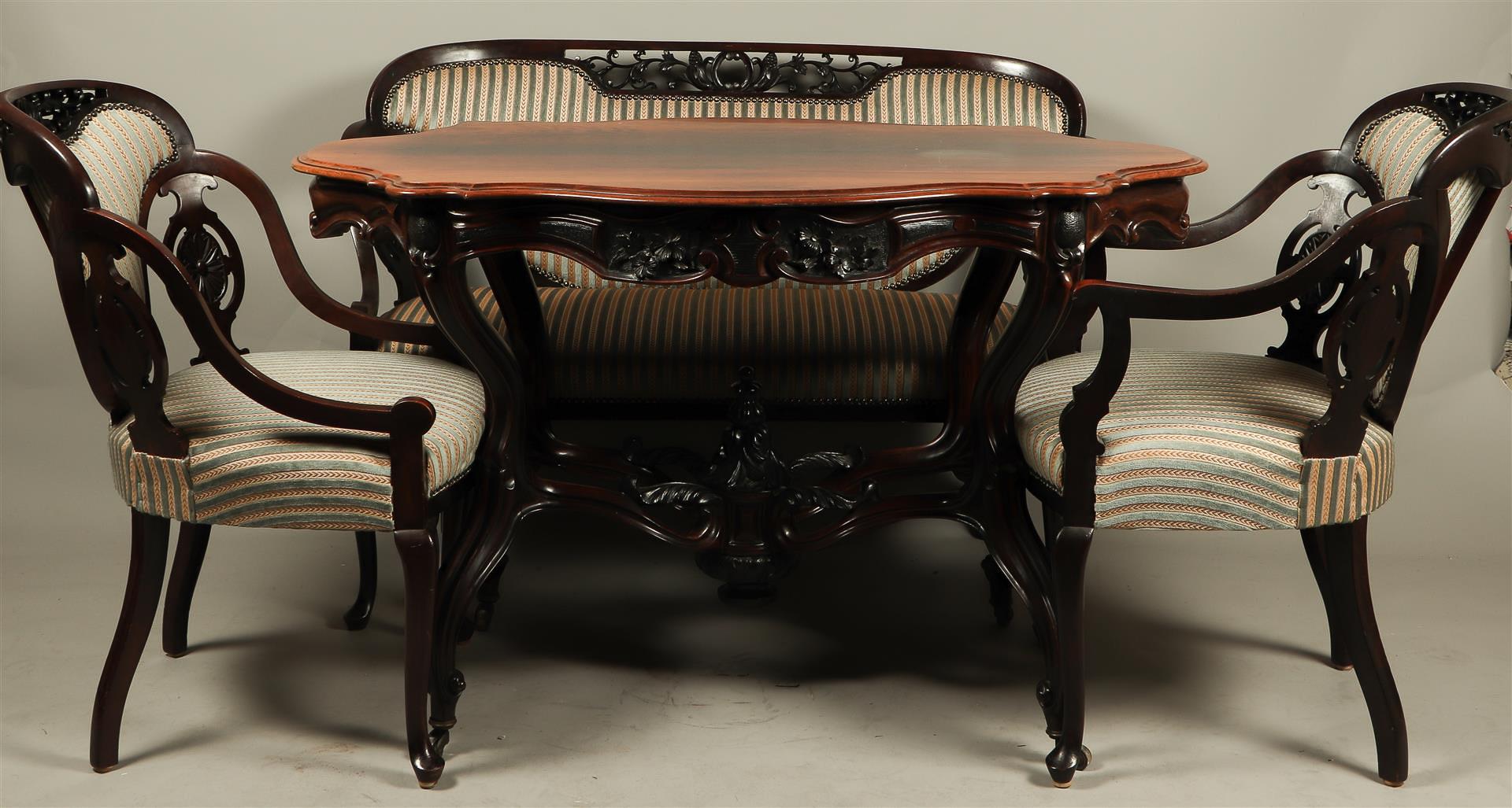 A lot consisting of two armchairs, a two-seater bench and a spider head tables, Holland ca. 1880. 