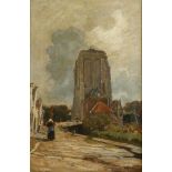 Hendrik Willebrord Jansen (Zeist 1855 - 1911), Cityscape in Holland with a stubby tower. Signed (low