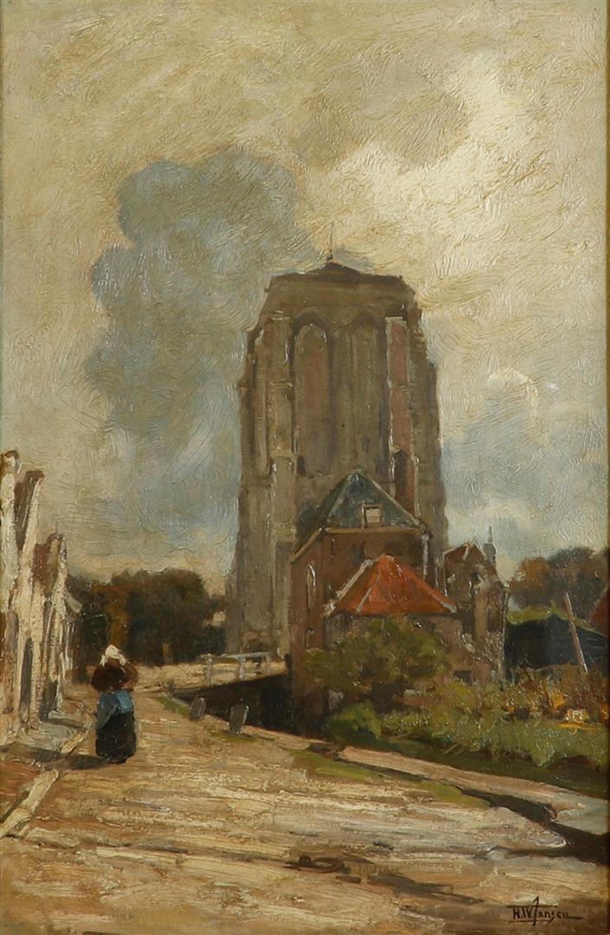 Hendrik Willebrord Jansen (Zeist 1855 - 1911), Cityscape in Holland with a stubby tower. Signed (low