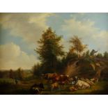 Abraham Hendrik Winter (Utrecht 1806 - 1860 Amsterdam), Shepherds with flock in a hilly landscape, s