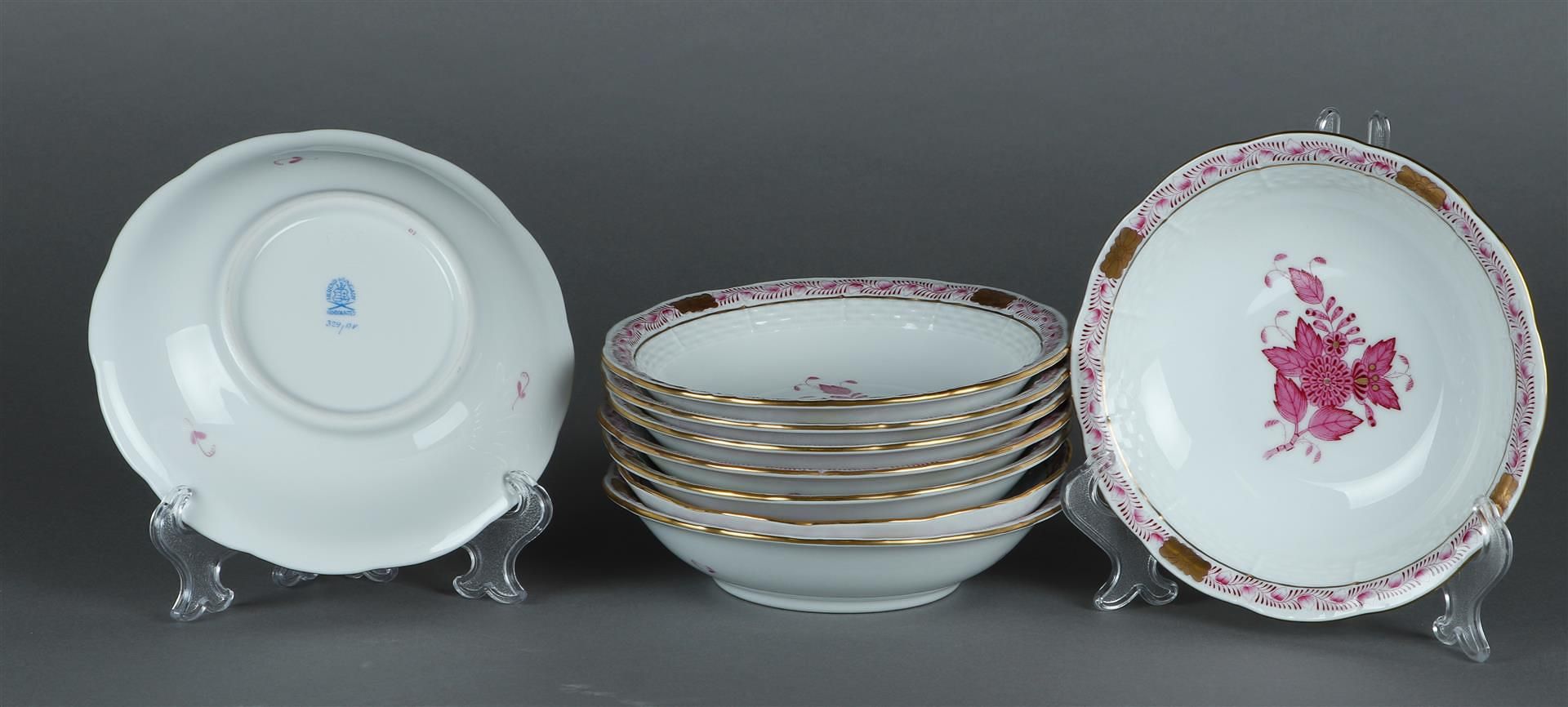 A set of 9 porcelain dishes with Apponyi purple decor. Herend, Hungary.