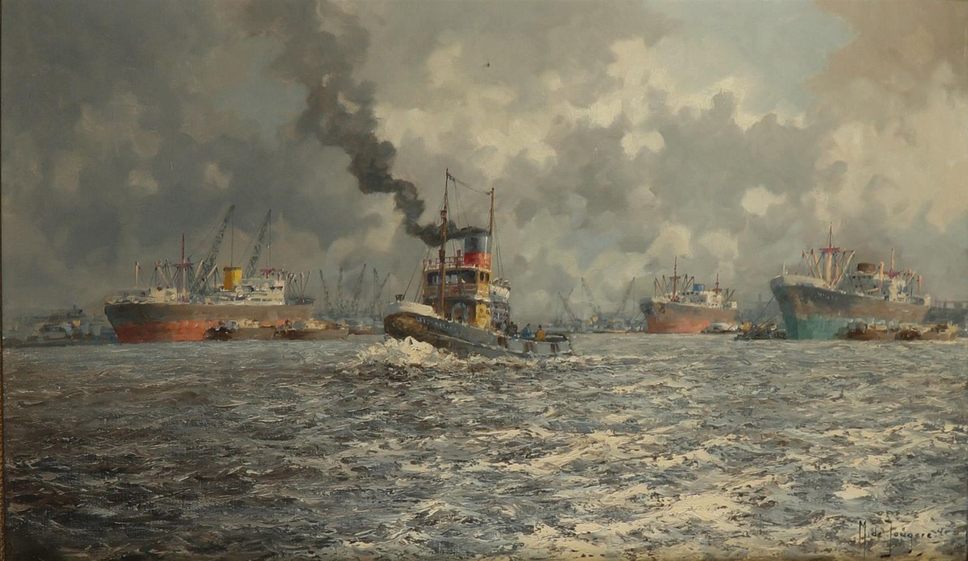 M. de Jongere, Tug in the port of Rotterdam. Oil on canvas.