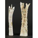 Two bone carvings, one with a Buddha, the other with various figures. India early 20th century H.24