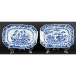 Two porcelain 8-sided meat dishes with pine/landscape & weeping willow / table decor. China, Qianlon