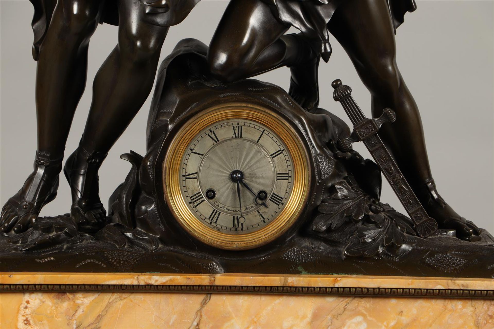 A monumental "Charles X" mantel clock on fire-gilt claw feet and with palm leaf banding. The  large  - Image 2 of 4