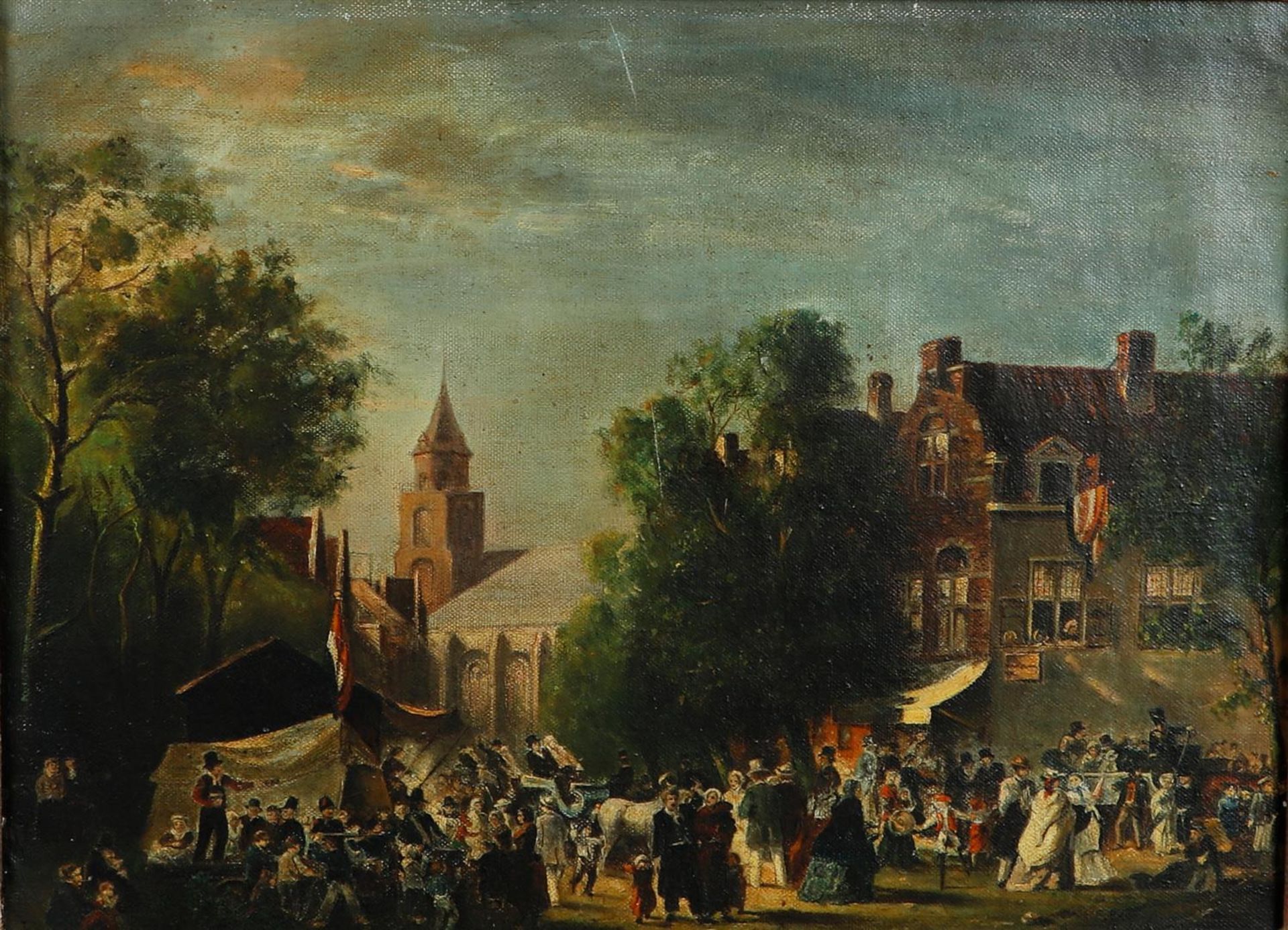 Two paintings depicting a busy city square and a painting from the romantic school depicting a woman - Image 5 of 7