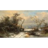 Pieter Lodewijk Francisco Kluyver (Amsterdam 1816 - 1900), Winter landscape with figures on a forest
