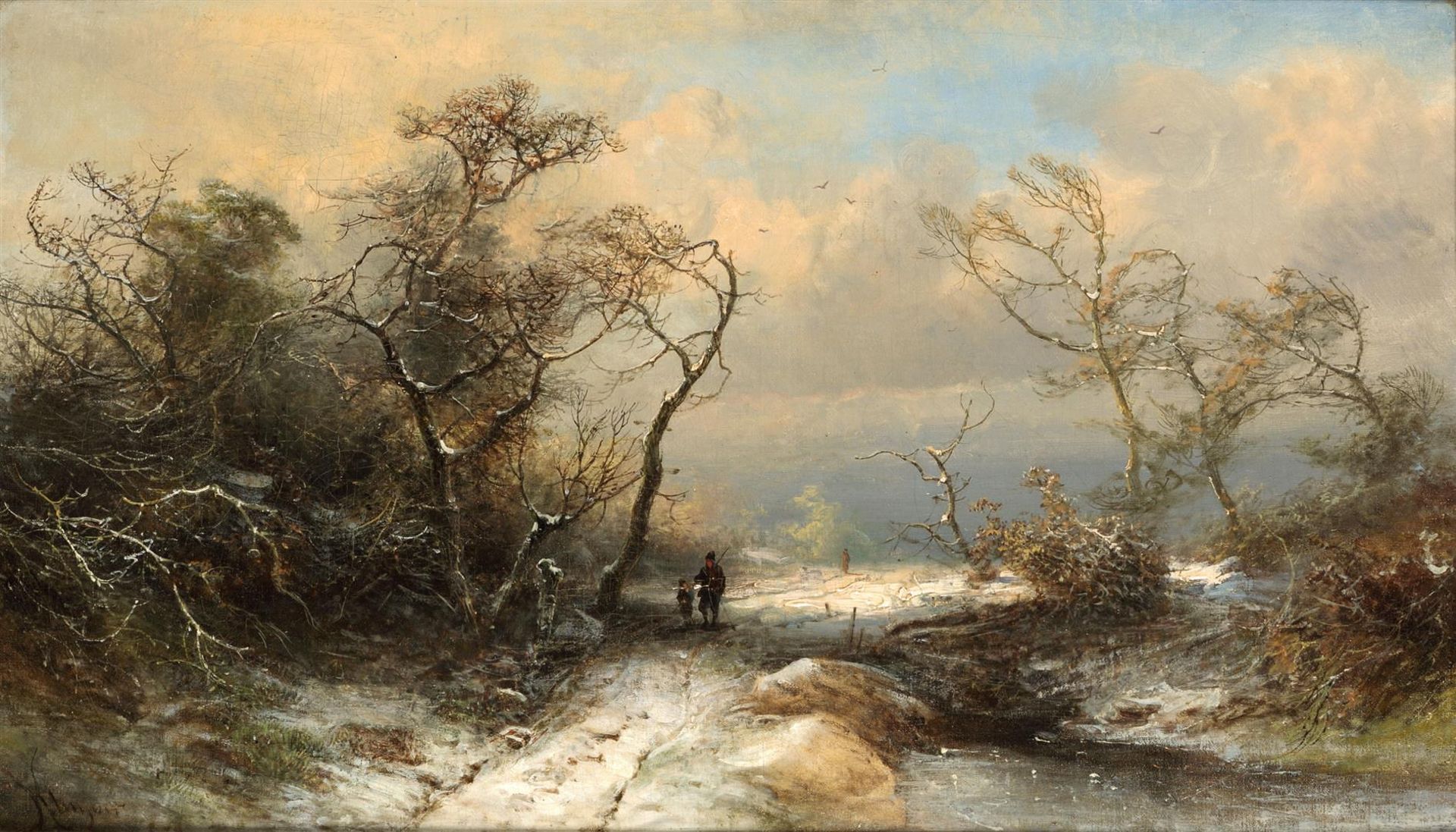 Pieter Lodewijk Francisco Kluyver (Amsterdam 1816 - 1900), Winter landscape with figures on a forest