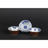 Three porcelain bowls with capuchin outside and with circle decoration in the interior, 2x marked wi
