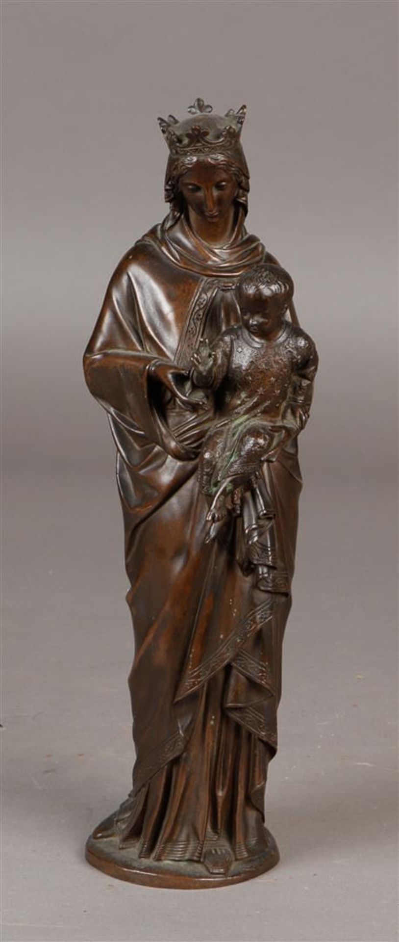 A bronze sculpture depicting the Holy Mary with the Christ Child. So-called: Sedes Sapientiae. Appro