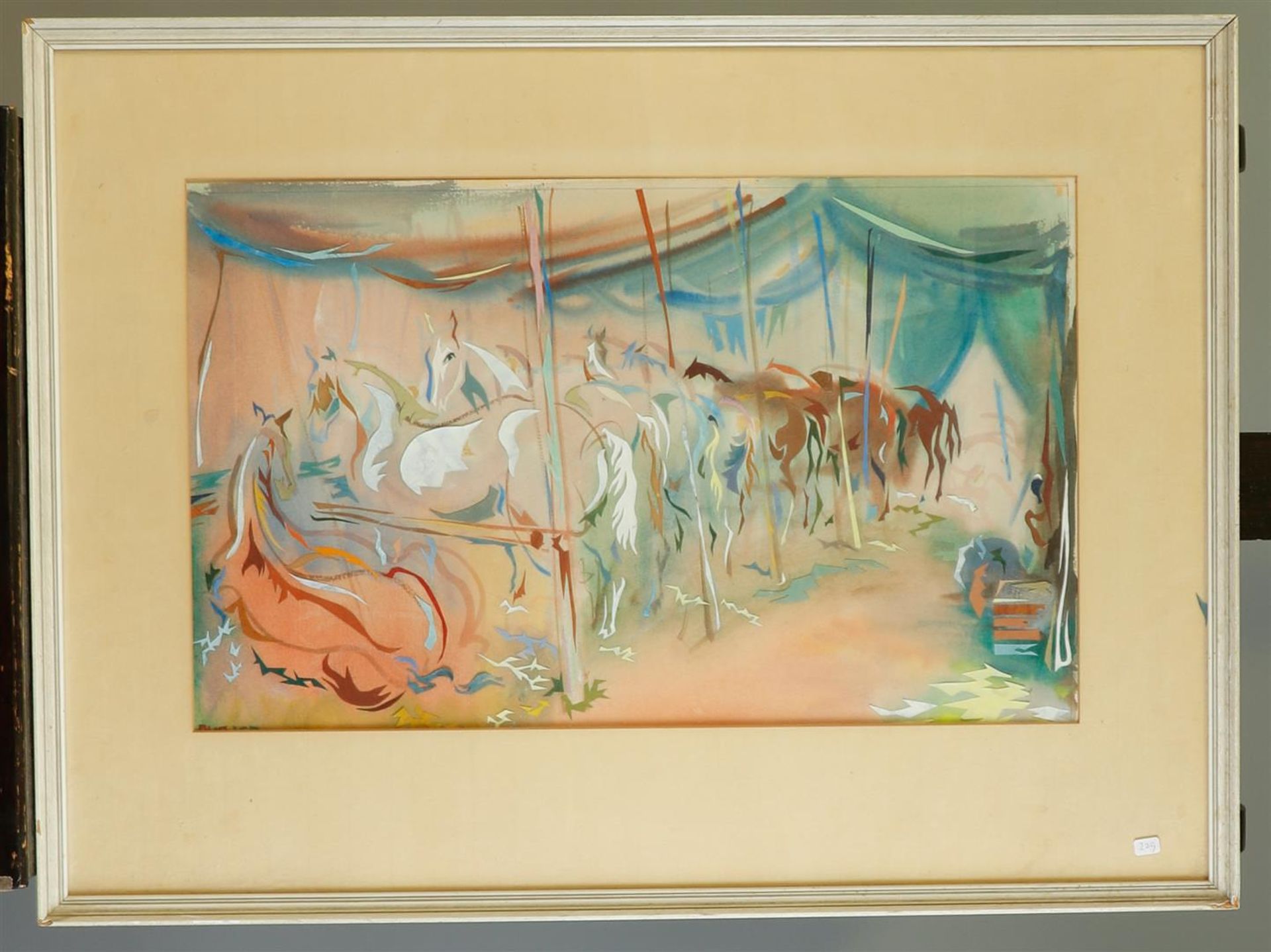 Unknown, 20th century, Circus horses in a stable, signed indistinctly (lower left), watercolor and c - Image 2 of 3