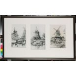 Three drawings of windmills framed. Two of them are signed "v. Berkel". Charcoal on paper.