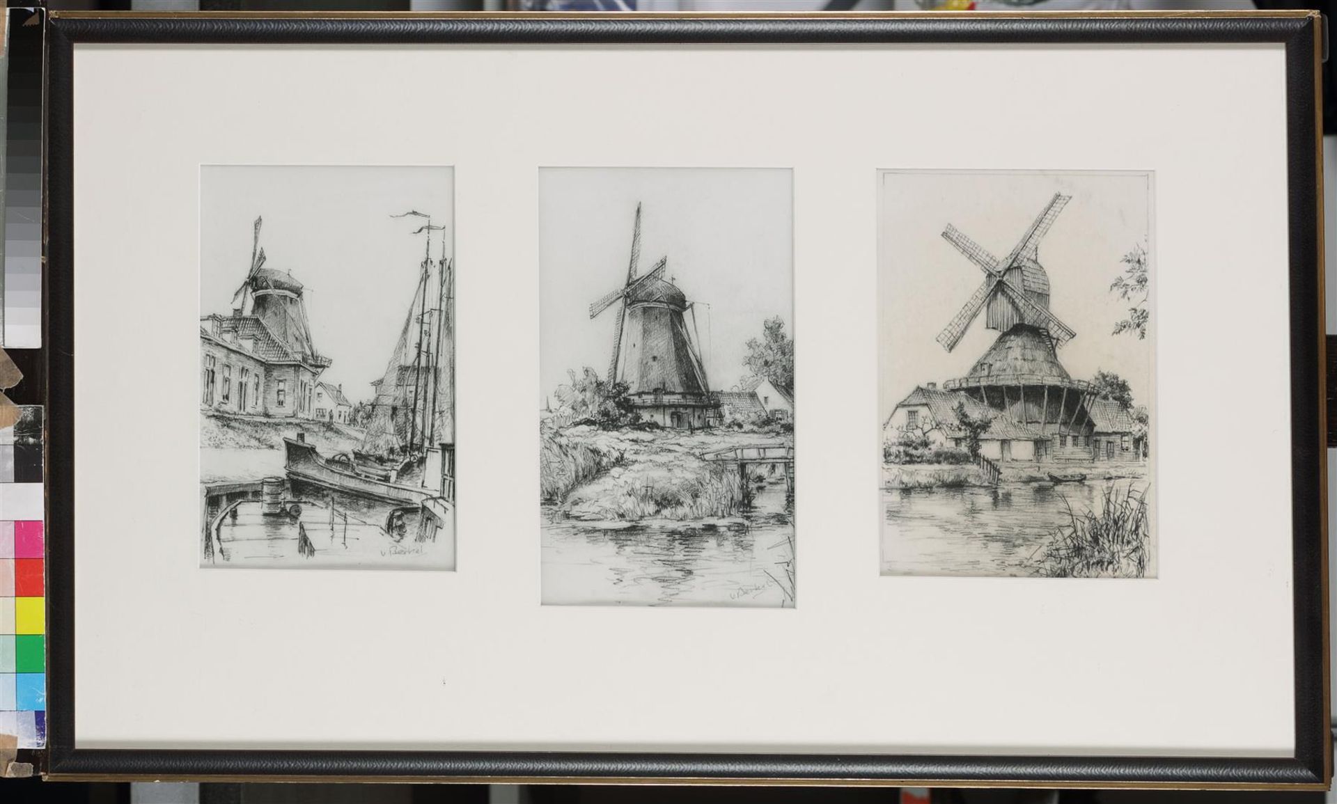 Three drawings of windmills framed. Two of them are signed "v. Berkel". Charcoal on paper.