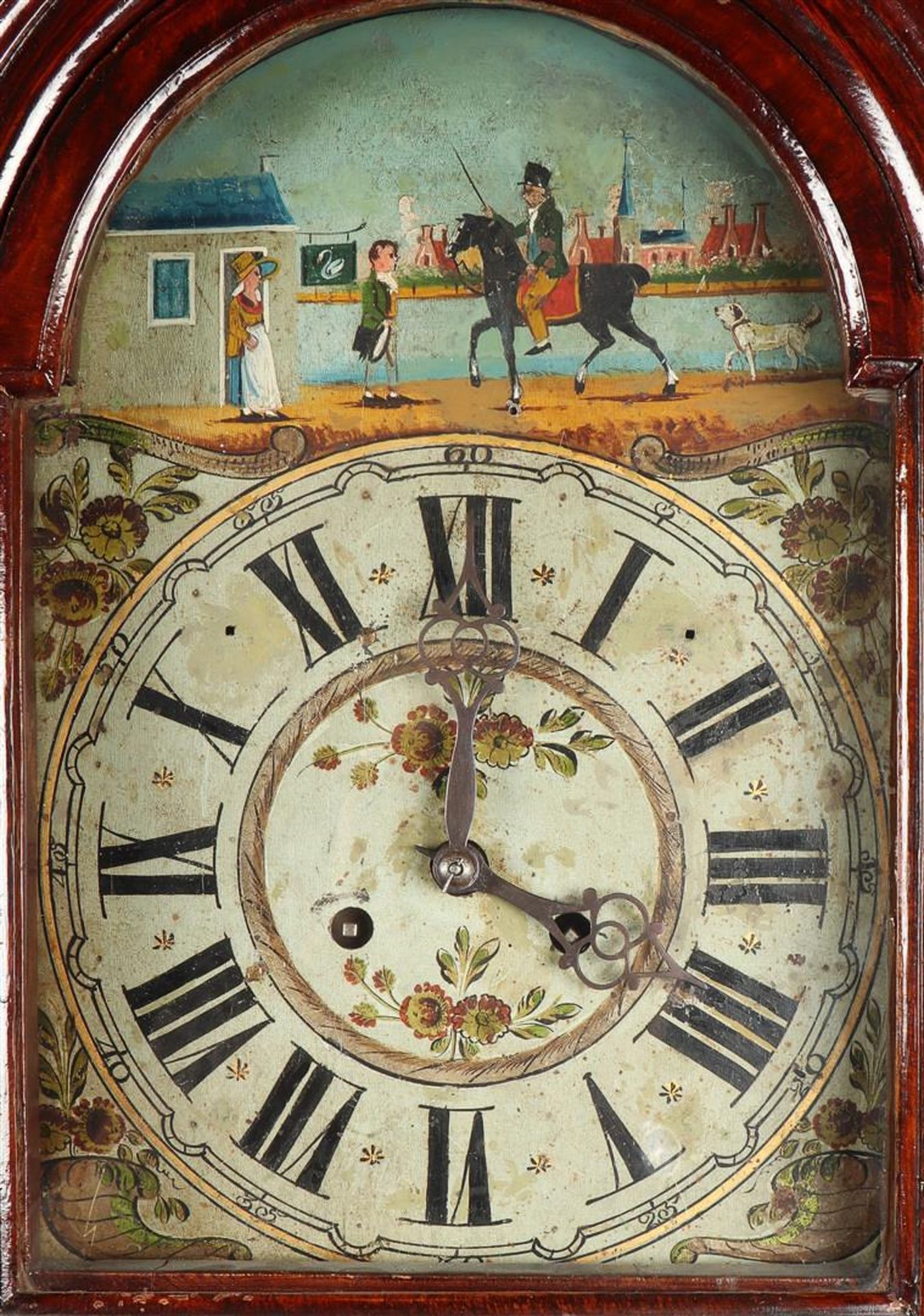 A "Frisian" longcase watch, ca. 1860. The case painted with wood structure (wooden). Two fama statue - Image 3 of 3