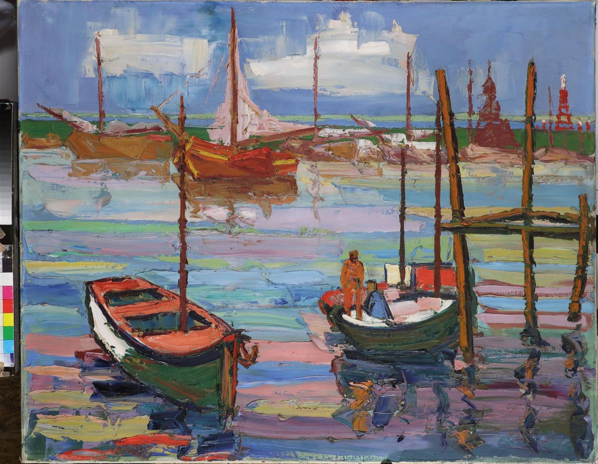 Belgian Expressionist, ca. 1950 - 1960, Dry fishing boats. Signed "Reyniers" (verso), oil on canvas, - Image 2 of 3