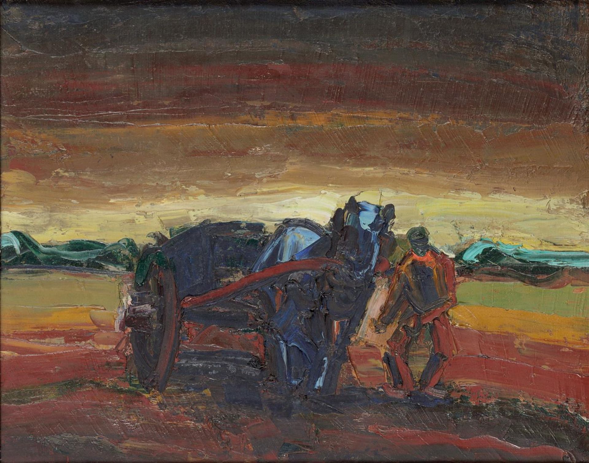 Belgian expressionist, ca. 1950 - 1960, Ploughing farmer. Signed "Reynier" (verso), oil on canvas.