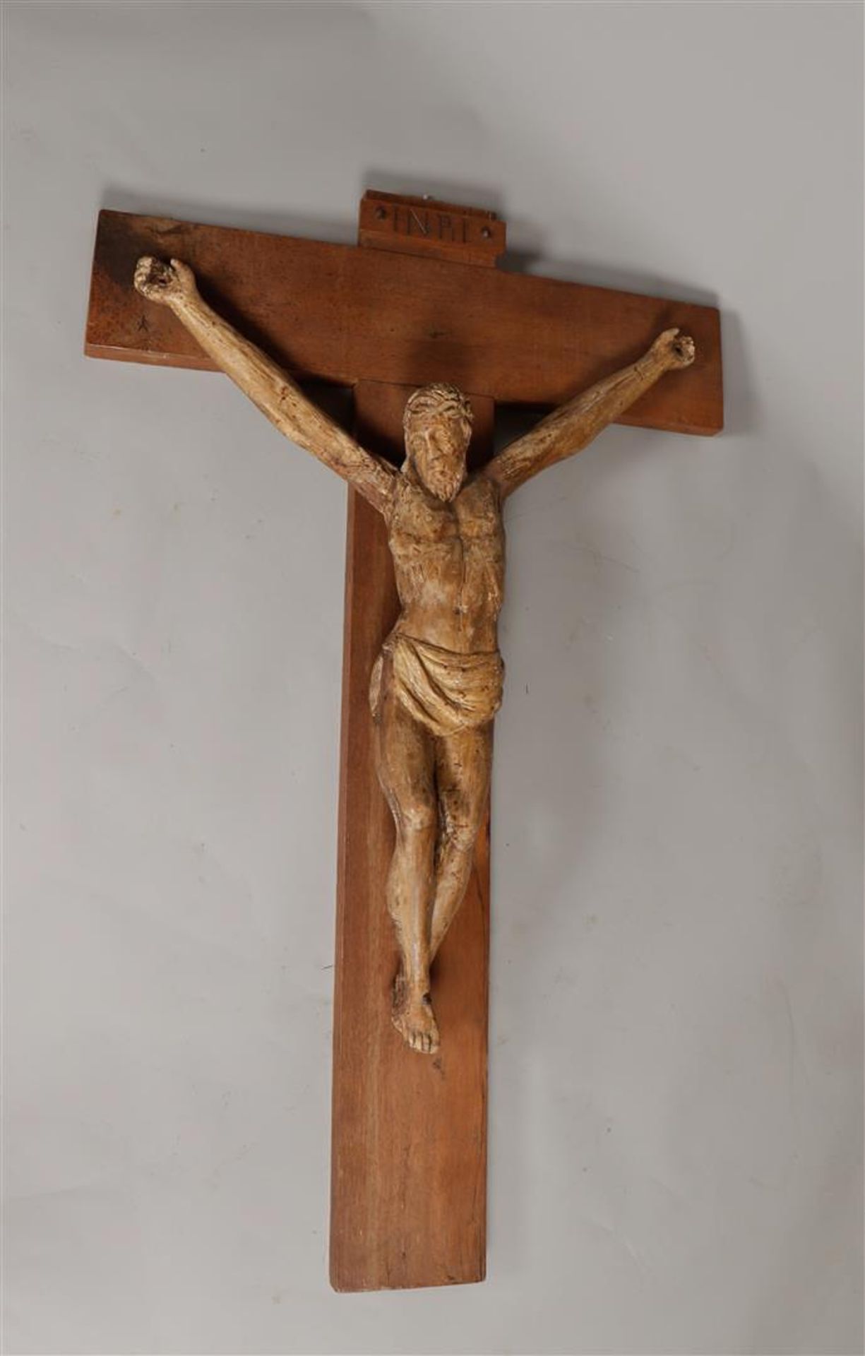 A large wooden Corpus ca. 1800, mounted on a later crucifix. - Image 2 of 2
