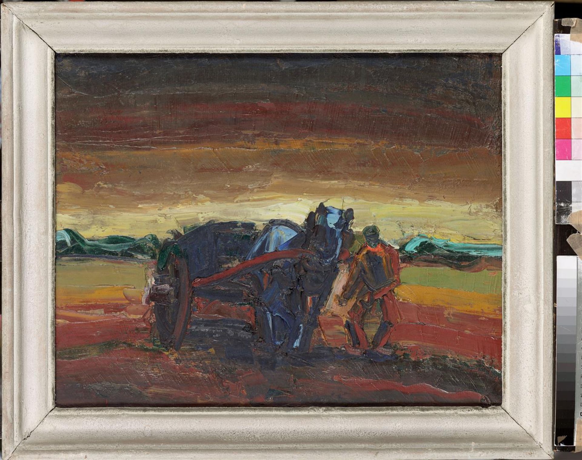 Belgian expressionist, ca. 1950 - 1960, Ploughing farmer. Signed "Reynier" (verso), oil on canvas. - Image 2 of 3