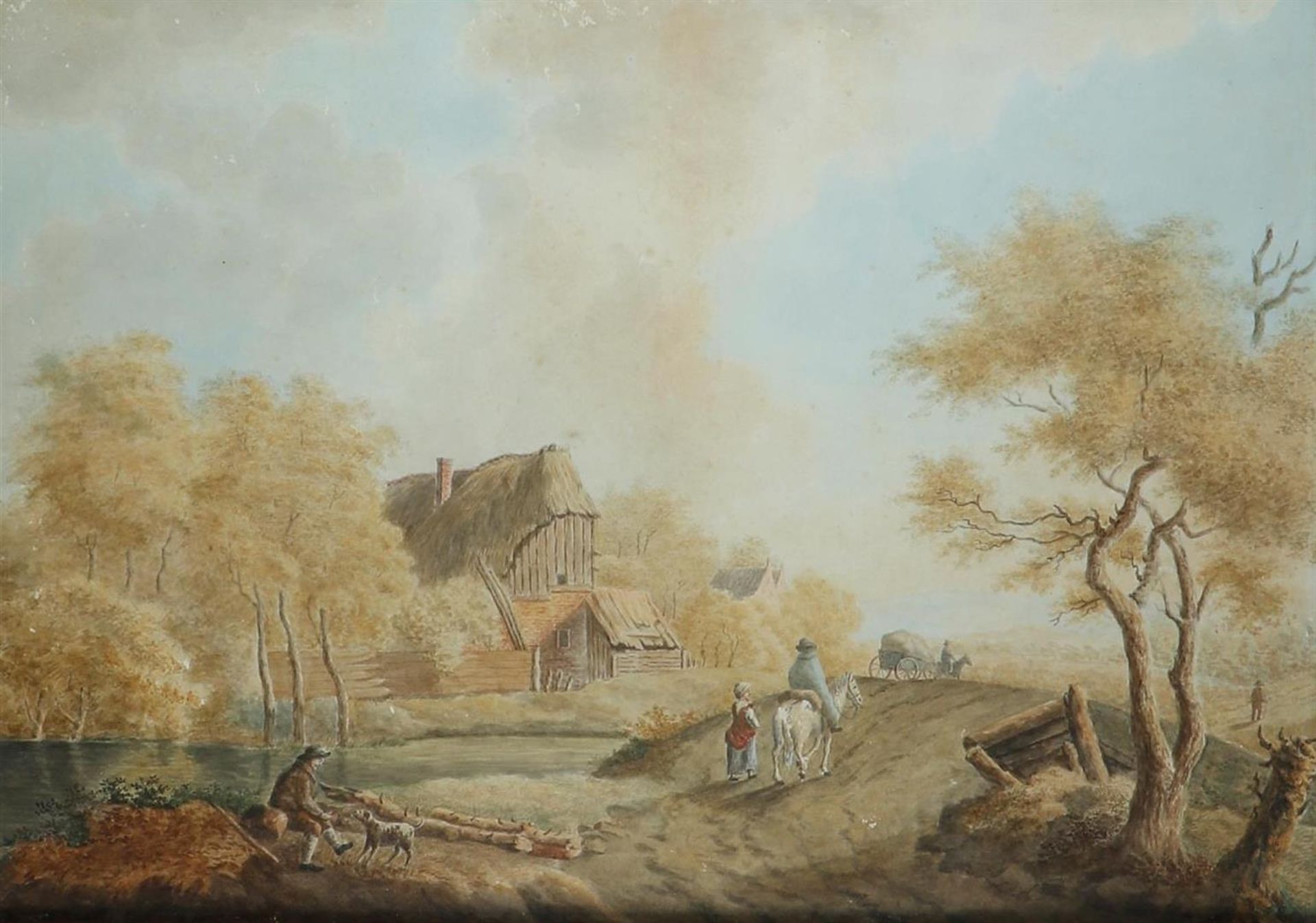Dutch School, 19th century. Travellers in a river landscape, ca. 1800/1830, watercolor on paper.