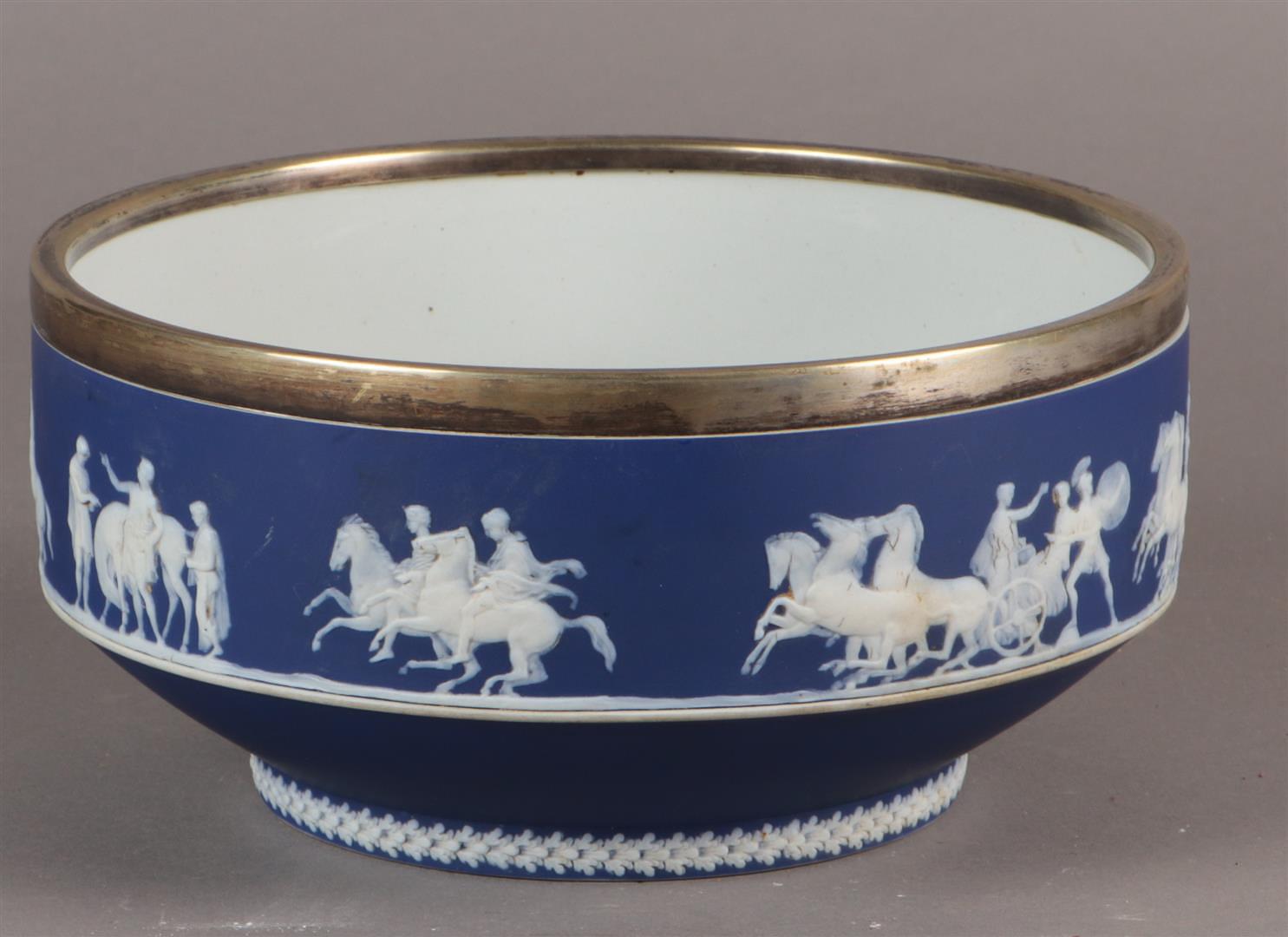 A Wedgwood dark blue Jasperware fruit bowl with decorative Greek relief and silver plated rim.