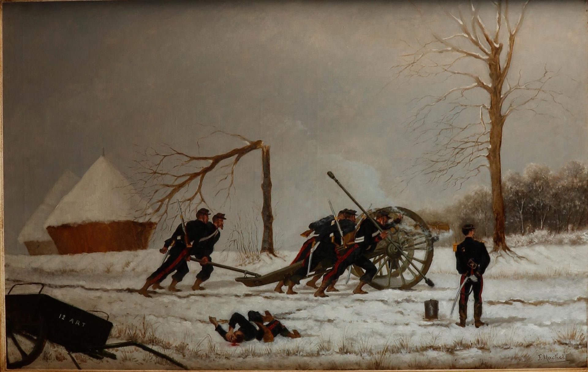 French School, 20th century, Field artillery in the snow, signed "F. Machel" (lower right), oil on c