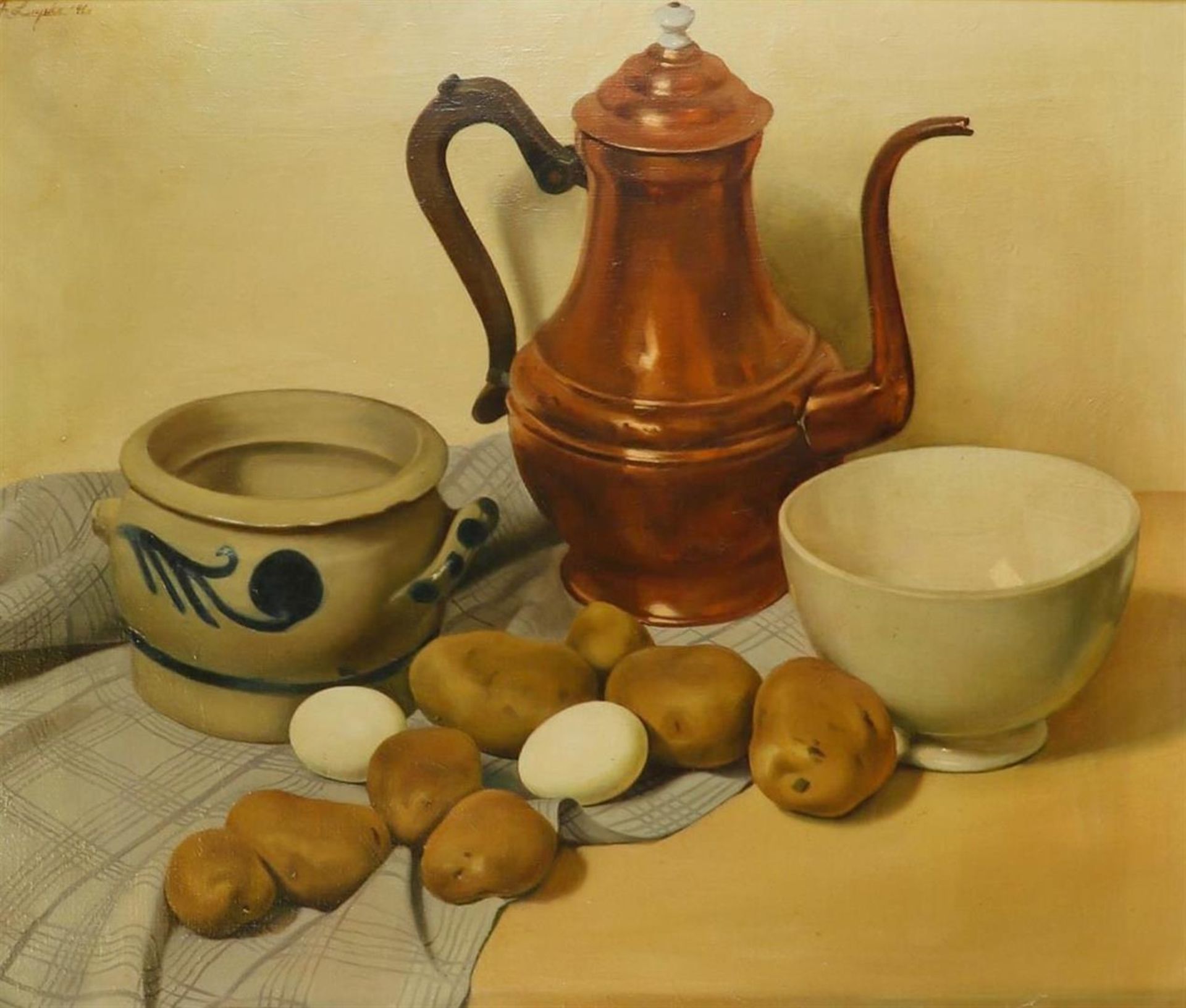 Frans Luyckx (De Frenne) (Borgerhout 1923–1997 Essen), Still life of a copper coffee pot, Cologne st