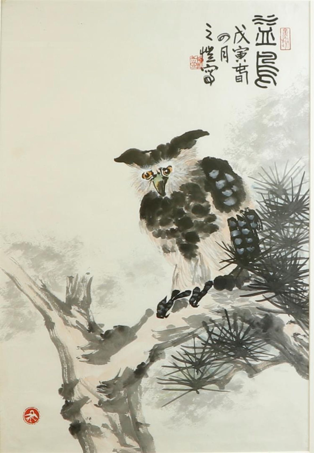 Z.K. Chen, Chinese, 20th century. Two drawings depicting geese, and an eagle owl (2x).