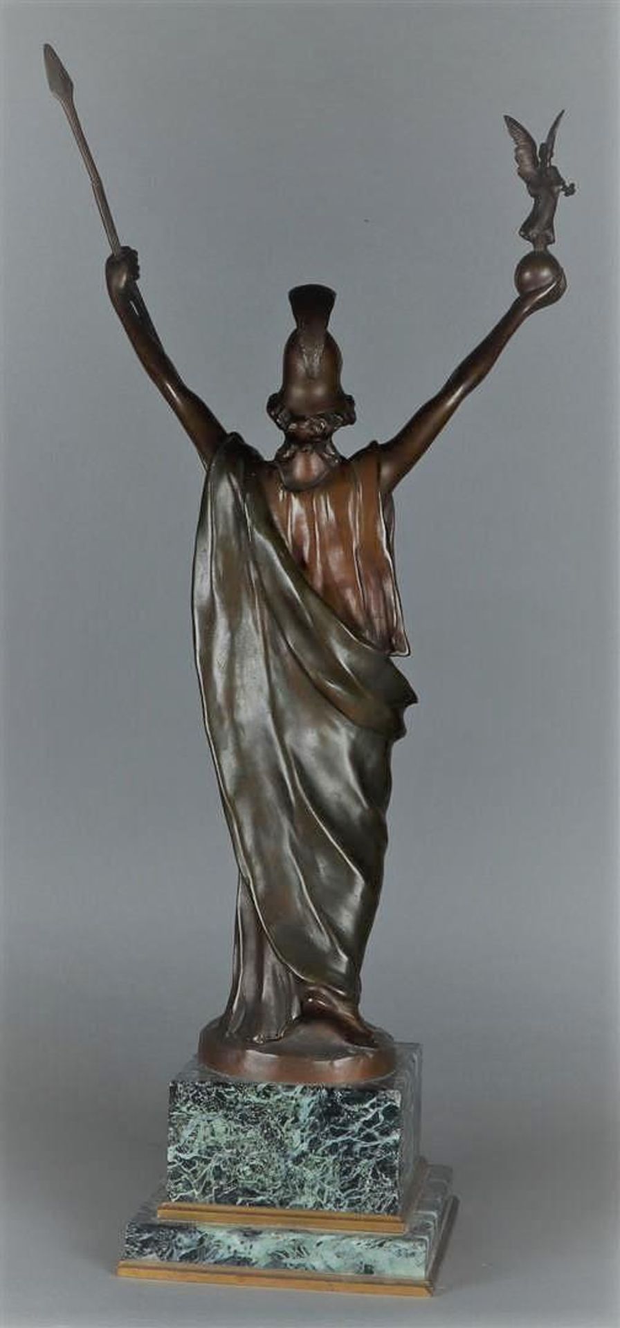 After Hans Müller (Vienna 1873 - 1937), A bronze sculpture of Athena, Nike, Goddess of victory, hold - Image 2 of 3