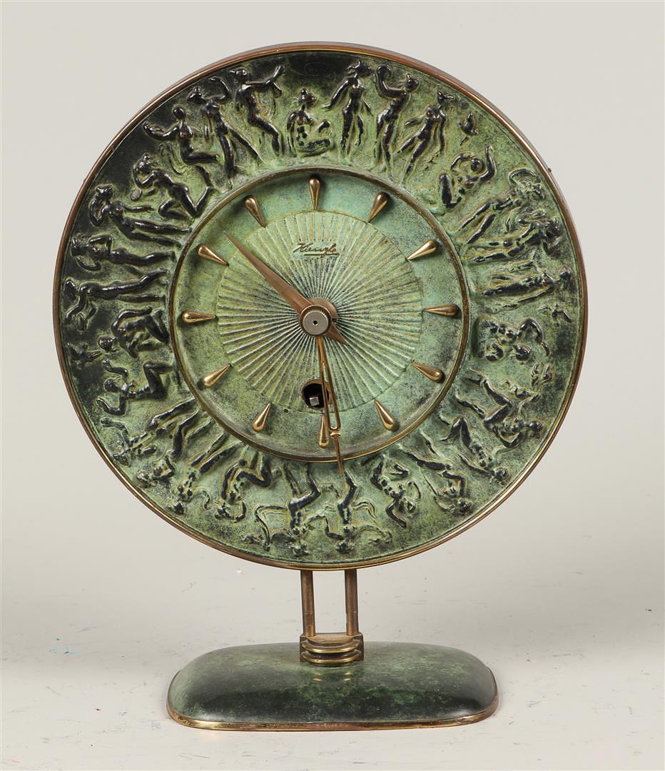 A bronze table clock, Professor Fritz Nuss for Kienzle. Germany, circa 1940.