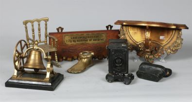 A lot miscellaneous items, including an antique photo camera, opera glasses in cases and a wooden wa