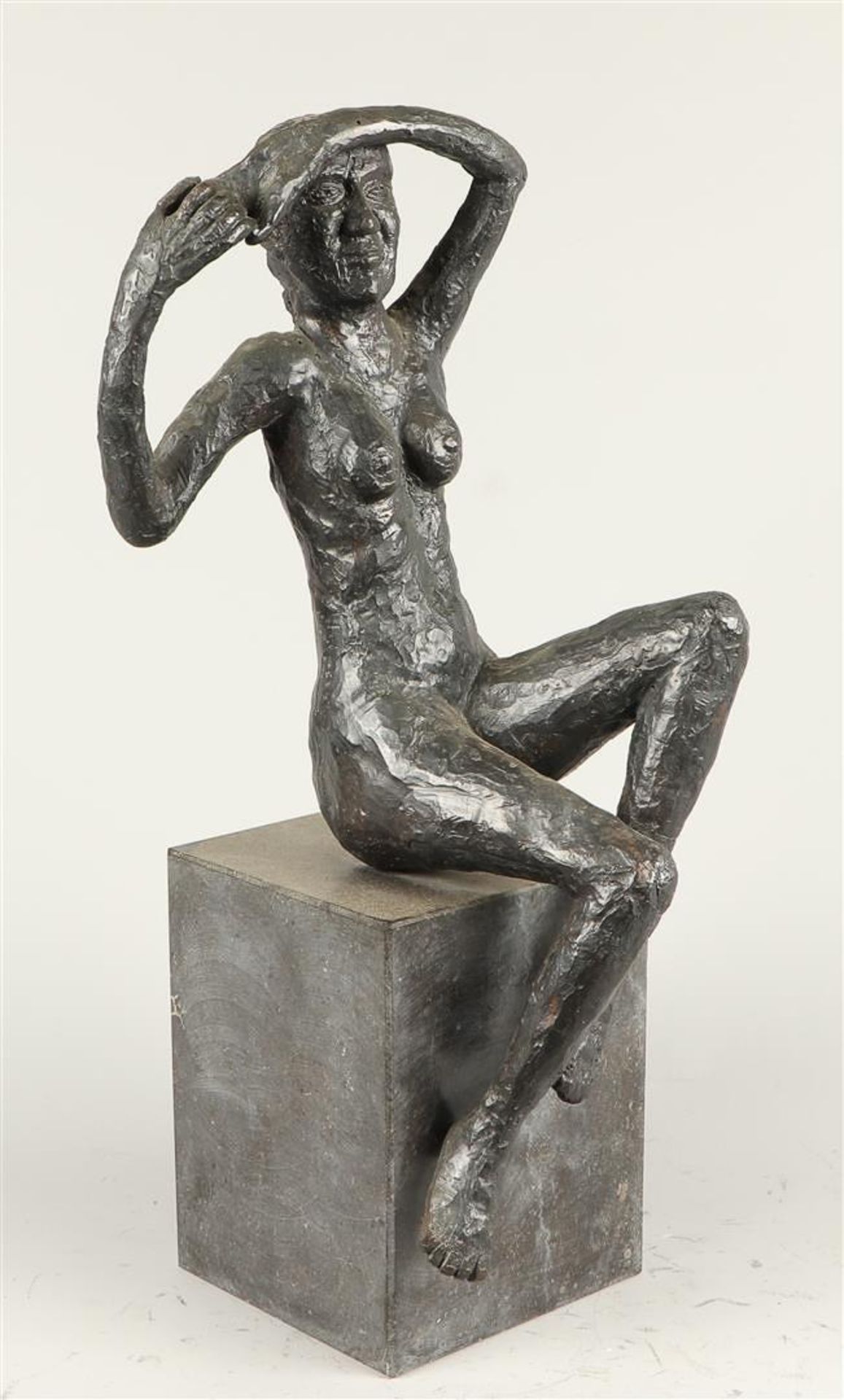 A bronze sculpture of a seated naked lady, on a marble bust. 2nd half of the 20th century. - Image 2 of 2