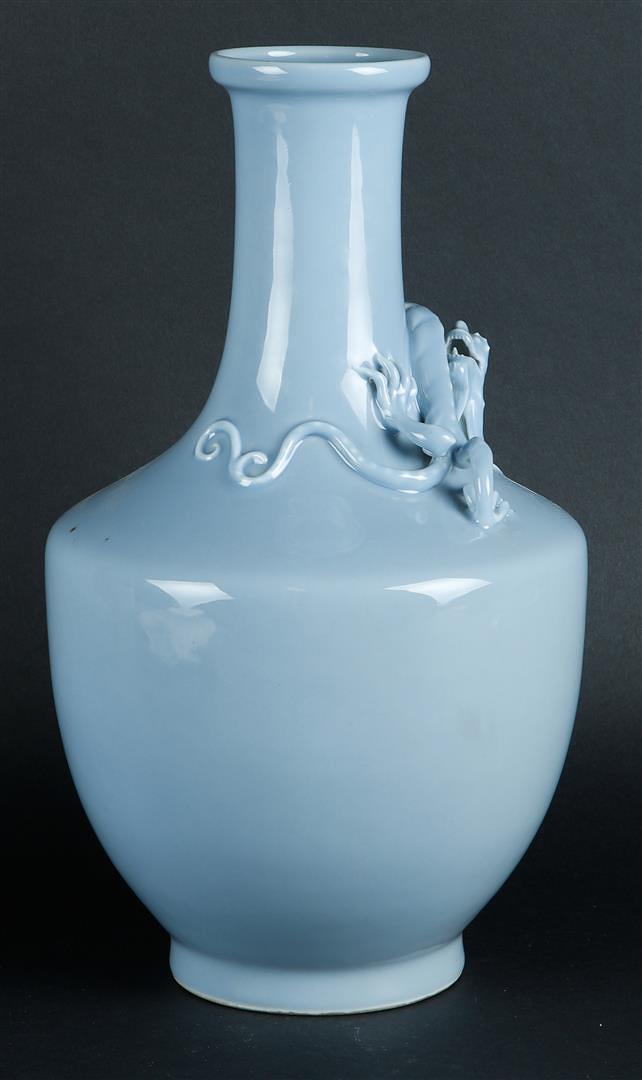 A large porcelain blue monochrome belly vase with an embossed dragon around the neck. With Yongzheng - Image 4 of 7