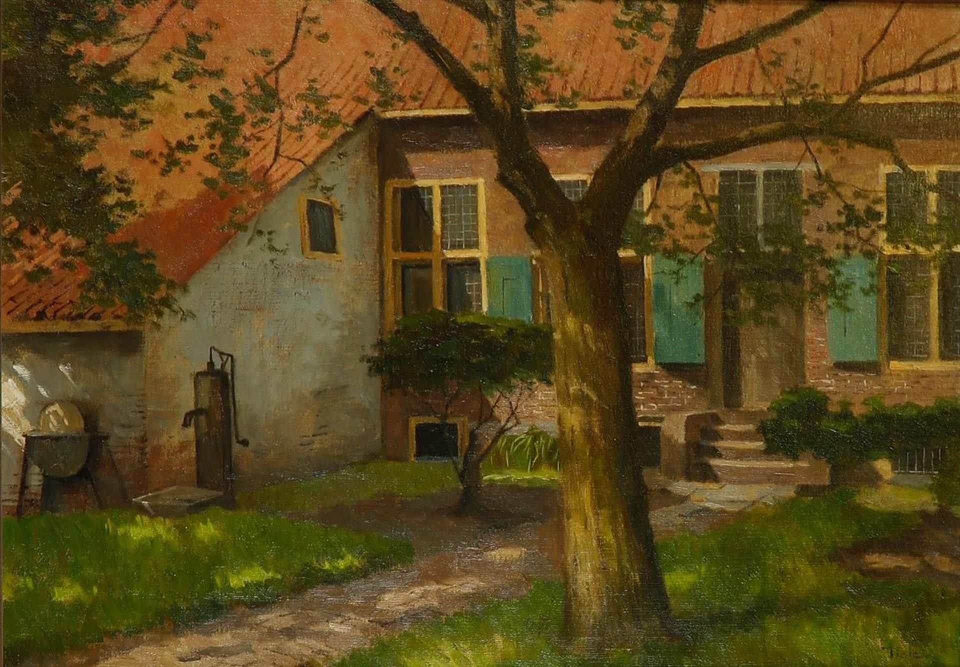 Jan Cornelis Tiele (Utrecht 1884 - 1956 Arnhem), A farmyard with water pump, signed (lower right), o