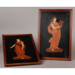 A set of two marquetry representations of allegorical figures for literature and music.